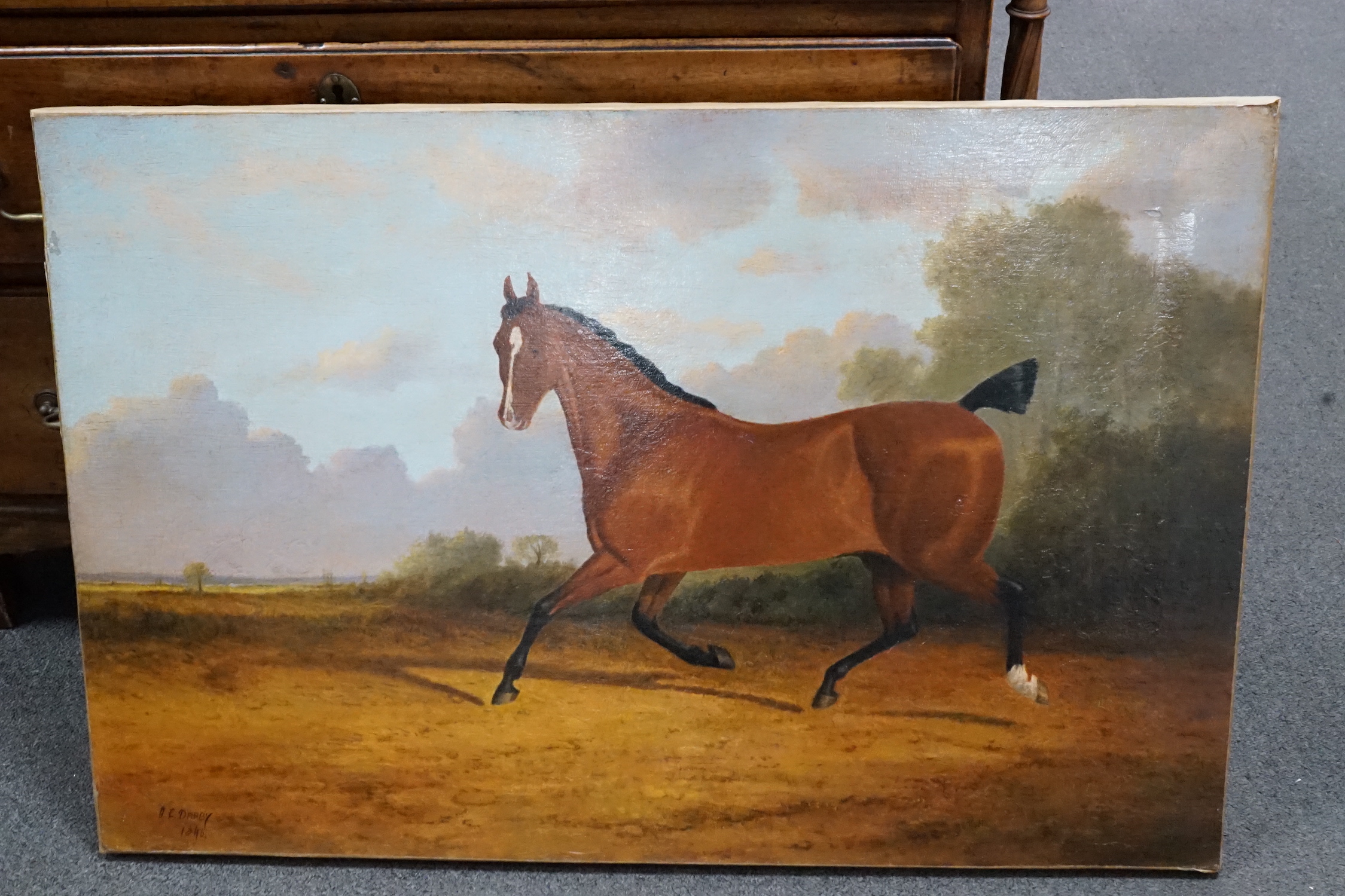 A.E. Darby (19th C.), oil on canvas, Chestnut horse in a landscape, signed and dated 1846, 50 x 76cm, unframed